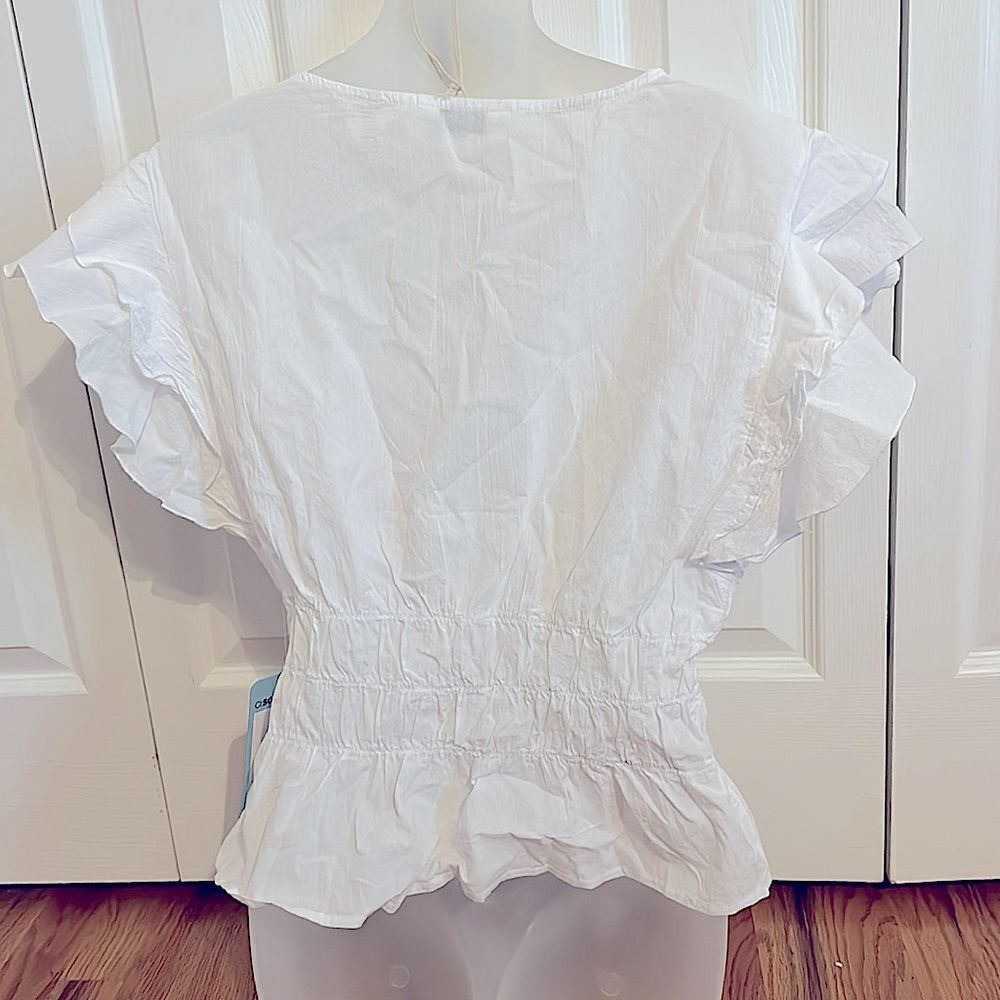 Cisono Woven V-Neck Cinched 100% Cotton White Top Blouse Shirt Large L NWT - Picture 3 of 5